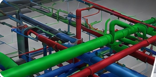 Coordinated MEP services BIM model with colour-coded pipework