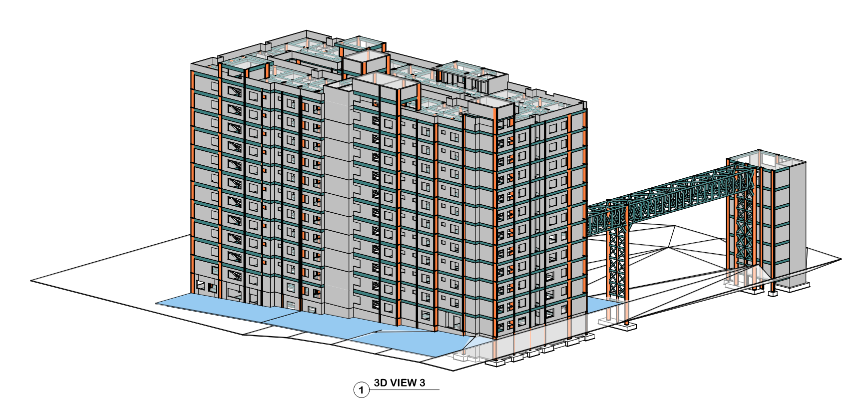 Hostel building with steel skywalk 3D view