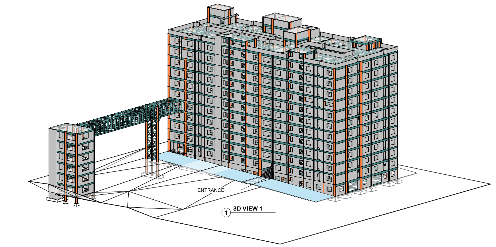 Hostel building and skywalk alternate 3D view